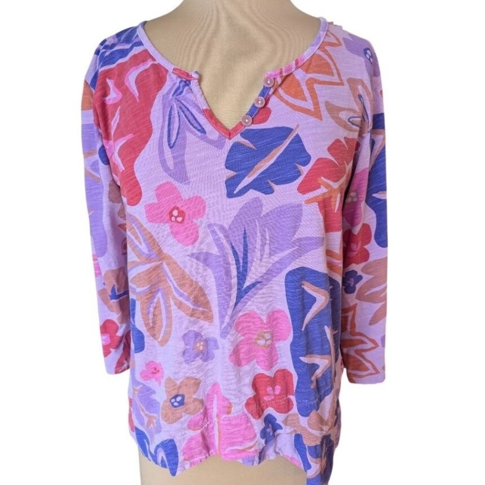 Fresh Produce Purple Tropical Floral Cotton Henley Top 3/4 Sleeve Pink Purple